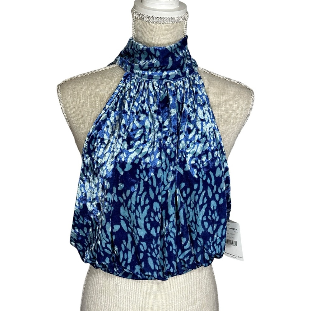 Free People Blue Multi Halter Velvet Blouse
